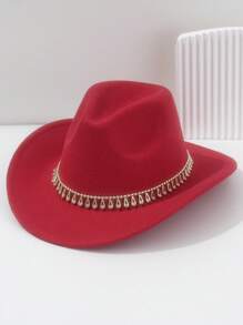 1pc Unisex Solid Color Felt Cowboy Hat, Paired With Gold Raindrop Teardrop Decoration Belt, Low-Key Luxurious British Style Retro Bohemian Punk Hat, Suitable For Parties, Western Themed Events, Gatherings, Engagement Parties, Cosplay, Graduation Ceremonies, Masquerade Balls, Festivals, Weddings, Birthdays, Music Festivals, Coming-Of-Age Ceremonies