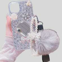 Funda protectora para teléfono con espejo / mariposa / flor decorada con rhinestones, cuerda de lazo y pompón compatible con Samsung // Redmi // iPhone, estilo Y2K con brillo - multicolor - Ver 118