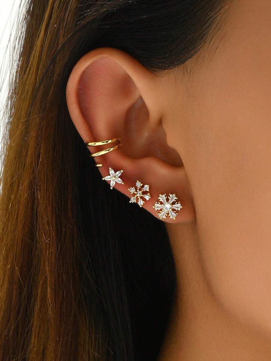 4 对优雅铜镶嵌白色方晶锆石雪花设计女士耳钉套装，高端花卉主题珠宝耳环套装，节日礼物 - 金黃色 - 查看 1