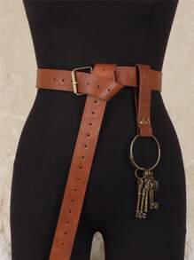 2Pcs Brown PU Leather Medieval Belt With Key Pendant For Renaissance Viking Period Belt Keychain Cosplay Props Halloween - Brown - View 3