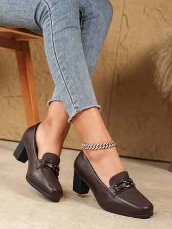 Women's Block Heel High Heel Black Versatile Fashion British Style Square Toe Work Shoes
