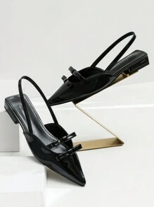 秋冬新款法式蝴蝶结尖头玛丽珍鞋，女式一脚蹬搭扣粗跟凉鞋，中跟鞋情人节款，平底鞋 - 黑色 - 查看 4