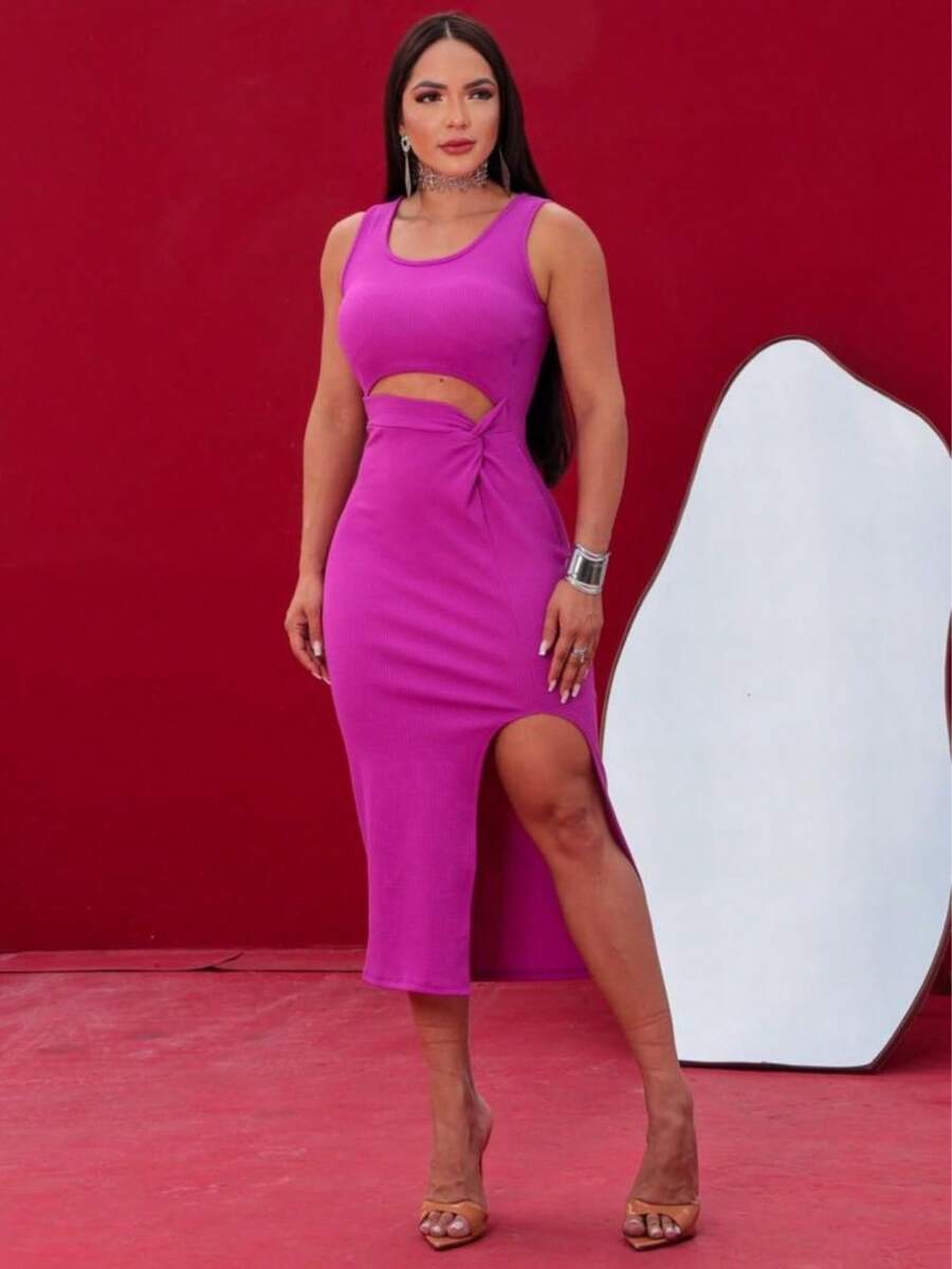 Women's Ribana Dress With Straps And Slit - 玫瑰紅 - 查看 1