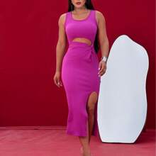 Women's Ribana Dress With Straps And Slit - 玫瑰紅 - 查看 6