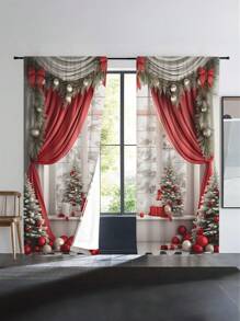 2pcs Christmas Decoration Star & Ball Printed Curtain Set, Modern Minimalist Digital Printing Sheer Half Blackout Curtain Panel, Suitable For Christmas, Daily Use And All Seasons
