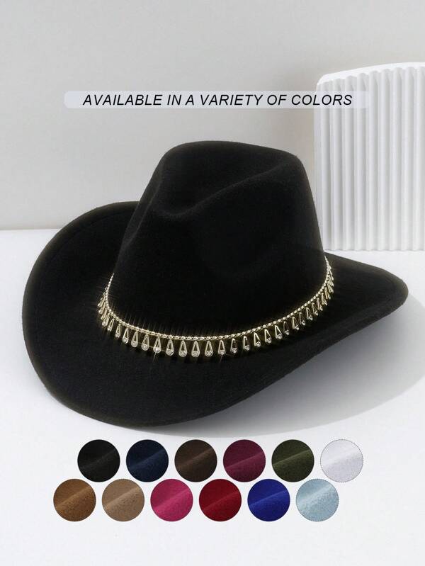1pc Unisex Solid Color Felt Cowboy Hat, Paired With Gold Raindrop Teardrop Decoration Belt, Low-Key Luxurious British Style Retro Bohemian Punk Hat, Suitable For Parties, Western Themed Events, Gatherings, Engagement Parties, Cosplay, Graduation Ceremonies, Masquerade Balls, Festivals, Weddings, Birthdays, Music Festivals, Coming-Of-Age Ceremonies
