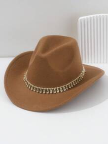 1pc Unisex Solid Color Felt Cowboy Hat, Paired With Gold Raindrop Teardrop Decoration Belt, Low-Key Luxurious British Style Retro Bohemian Punk Hat, Suitable For Parties, Western Themed Events, Gatherings, Engagement Parties, Cosplay, Graduation Ceremonies, Masquerade Balls, Festivals, Weddings, Birthdays, Music Festivals, Coming-Of-Age Ceremonies