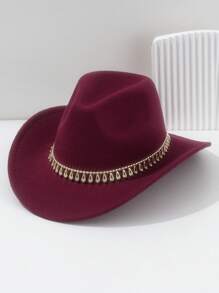 1pc Unisex Solid Color Felt Cowboy Hat, Paired With Gold Raindrop Teardrop Decoration Belt, Low-Key Luxurious British Style Retro Bohemian Punk Hat, Suitable For Parties, Western Themed Events, Gatherings, Engagement Parties, Cosplay, Graduation Ceremonies, Masquerade Balls, Festivals, Weddings, Birthdays, Music Festivals, Coming-Of-Age Ceremonies