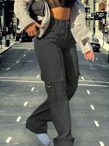 Women's  High Waisted Cargo Pants Y2K Baggy Stretchy Straight Wide Leg Pants With Pockets Casual Work Pants Streetwear - Màu xám đen - Xem 4
