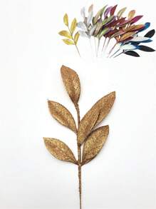 8pcs Christmas Wedding Decor Sparkling Golden Powder Artificial 6-Leaf Olive Leaves, Indoor Home Christmas Tree Wreath Decor, Photography Props, Winter Party, Christmas Decoration,Christmas