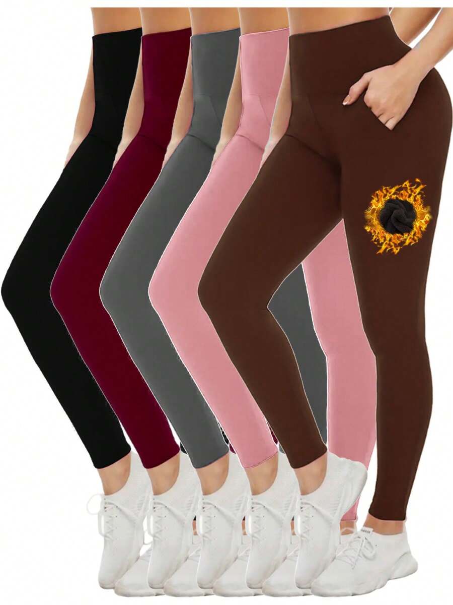 5 Pcs  Fashion Daily Fitness Leggings Women's Solid Color High-Waisted Yoga  Leggings With Pockets Winter Warm High Stretch Leggings - 5027 - Xem 1