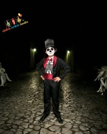 Catrin Disfraz Halloween Día De Muertos Fiesta, Calaquitas Día De Muertos Para Niño Tradicional Mexicano Con Sombrero y Mascara. - Negro - Ver 1