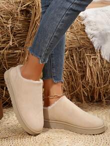 Giày bốt đi tuyết vải nhung ngắn thời trang mới 2024, cổ thấp, dày, thoải mái, ấm áp, giày bốt đế bằng xỏ ngón dành cho nữ - Màu be - Xem 4