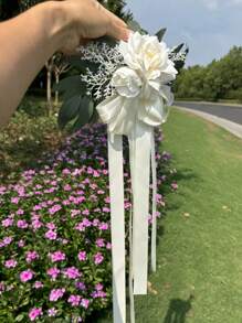 1 Stück Autospiegeldekoration für Hochzeit, Eukalyptus Blume für Stuhlrücken, Hochzeitsdekoration Flur, künstliche Rosenblume für Bambusstühle, Hochzeits- und Feiertagsdekoration Schleife, Hochzeitsauto Blumen