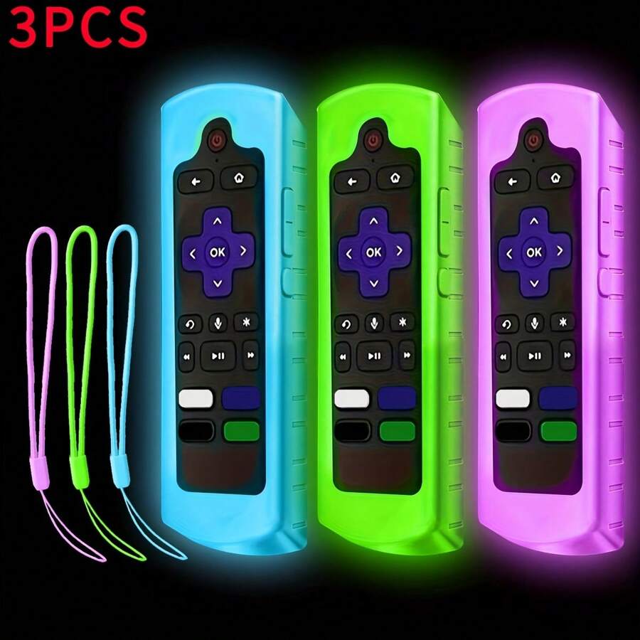 3pcs Grow In The Dark Remote Control Cover Case For ROKU, For TCL Hisense Remote Control - xanh lam + xanh lá cây + tím - Xem 1