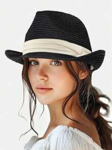1PC Foldable Straw Fedora Hat - Short Brim Rolled Edge Panama Hat For Summer Beach Sun Protection Lightweight Breathable Casual Travel Sun Hat,Vacation - Multicolor - View 14