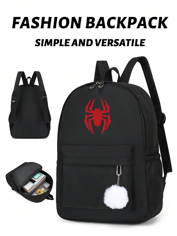 1 pieza Mochila informal minimalista de moda con estampado de araña negro, mochila de viaje de gran capacidad, mochila multifuncional para mujeres