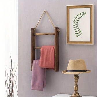 1pc Rustic Wooden Ladder Shelf – Wall-Mounted Storage Rack With 3-Tier Shelves And Hanging Rope – Versatile Organizer For Bathroom, Kitchen, Bedroom, Office – No Electricity Needed, Farmhouse Home Decor Accessories