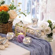 1 pieza/Set de 6 Juego de portavelas de vidrio con bolas pequeñas plateadas/doradas enchapadas - Portavelas circular plateado/dorado, adecuado para decoración navideña, centro de mesa, decoración de bodas, fiesta, banquete y decoración del hogar, decoración de habitaciones, regalos