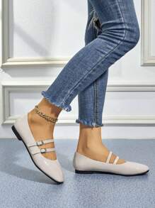 Fashion Women's Double Strap Buckle Flat Shoes, Versatile Breathable Casual Ballet Flats Slip-On Shoes