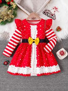 小女孩圣诞波尔卡圆点、蝴蝶结、短袖和条纹长袖连衣裙 - 紅色 - 查看 7