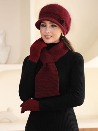 1/2/3pcs Set Women Fashion Fluffy Knit Hat, Scarf & Gloves Set, Pom Pom & Flower Decor Warm Knitted Beret Hat, Windproof Winter Hats With Neck Warmer Scarf And Gloves Winter Accessories Winter Outfits