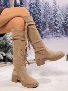 Giày bốt cao đến bắp chân đan tua rua mùa thu đông dành cho nữ, giày bốt hiệp sĩ phong cách quý tộc cổ điển bằng da lộn, giày bốt đế tròn đế dày màu nâu trơn kiểu British College - màu nâu - Xem 2