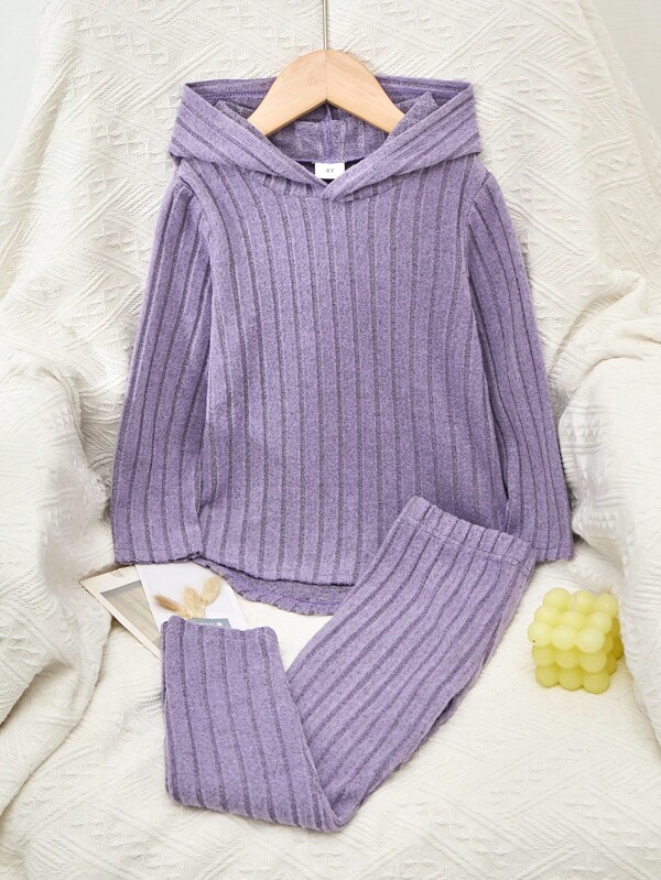 2pcs Young Girl Striped Hoodies Top And Pants Set