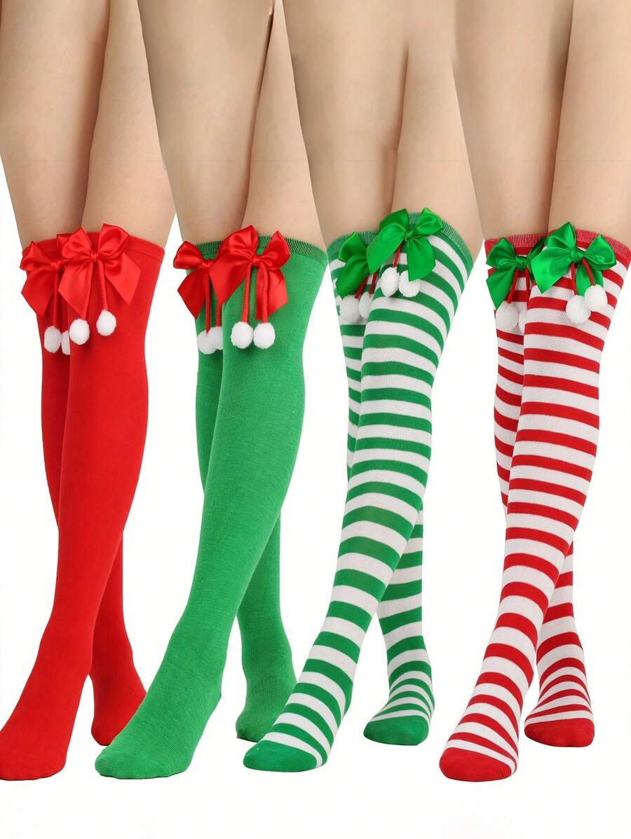 Bộ 4 đôi tất cao đến đầu gối chủ đề Giáng sinh dành cho bé gái có nơ và lông vũ - Tất đùi đục có sọc và nơ, Phụ kiện cosplay tiệc ngày lễ cho mùa thu và mùa đông, Hỗn hợp Polyester và Spandex, Phong cách Art Deco - Nhiều màu - Xem 1