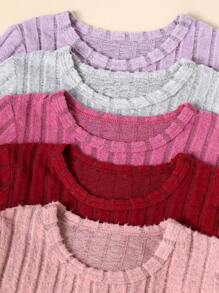 Set de 5 piezas de conjuntos casuales de manga larga acanalada de unicolor para niña, para otoño/invierno - Multicolor - Ver 3