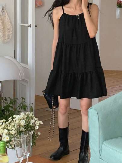 2025 Summer French Retro Layered Ruffle Hem Casual Loose A-Line Cami Dress Women Fashion Set