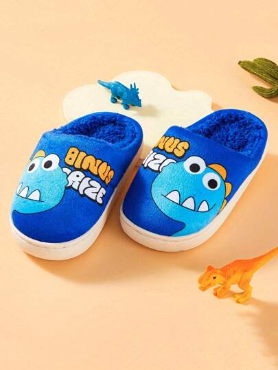 HAHABOBO Nuevas pantuflas azules con diseño de dinosaurio de dibujos animados para niños y niñas, caliente y cómodo calzado de interior para invierno, suave, cómodo y ligero