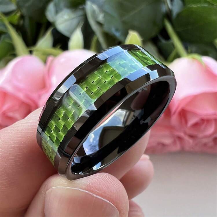 Classic Silvery 8mm Carbon Fiber Men's Ring - Sleek Black Inlay, Angled Polished Finish For Business & Wedding Parties - High-Quality Stainless Steel Jewelry, Sizes 6-13 - Ring - View 15