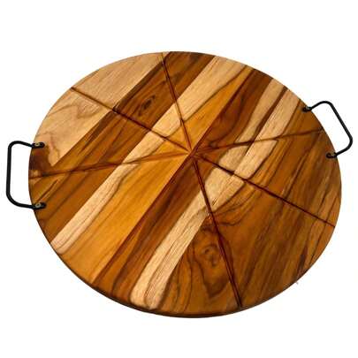 Tábua para Servir Pizza em Madeira Teca com Sulcos e Alças 40x43cm - Le Requena