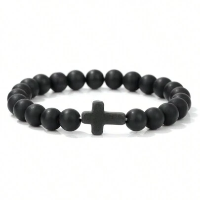 1pc Cross Men Bracelet, Natural Black Lava Turquoises Onyx Beads Charm Bracelets, Women Jewelry Gifts