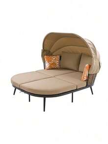 Patio Daybed With Retractable Canopy Rattan PE Wicker Back Loveseat Daybed - 棕色 - 查看 1