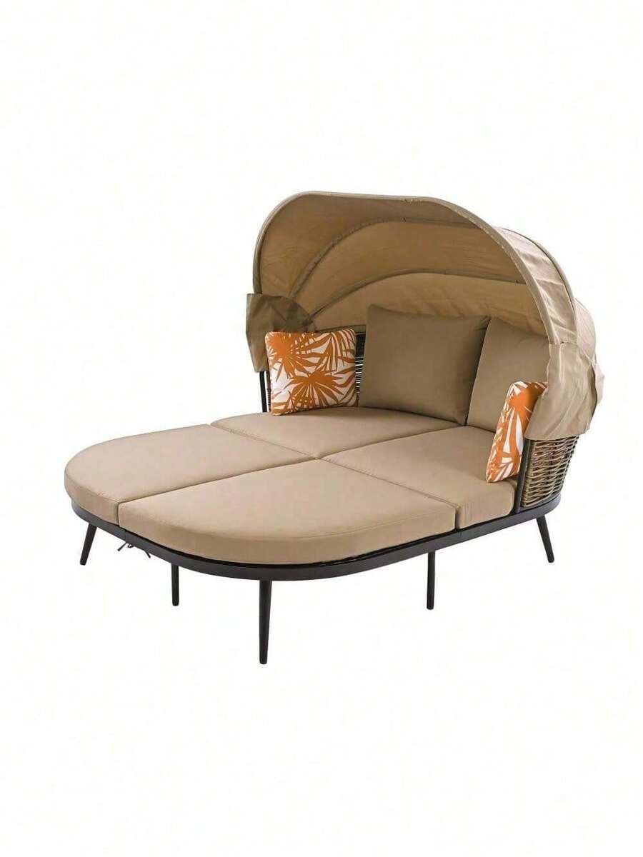 Patio Daybed With Retractable Canopy Rattan PE Wicker Back Loveseat Daybed - 棕色 - 查看 1