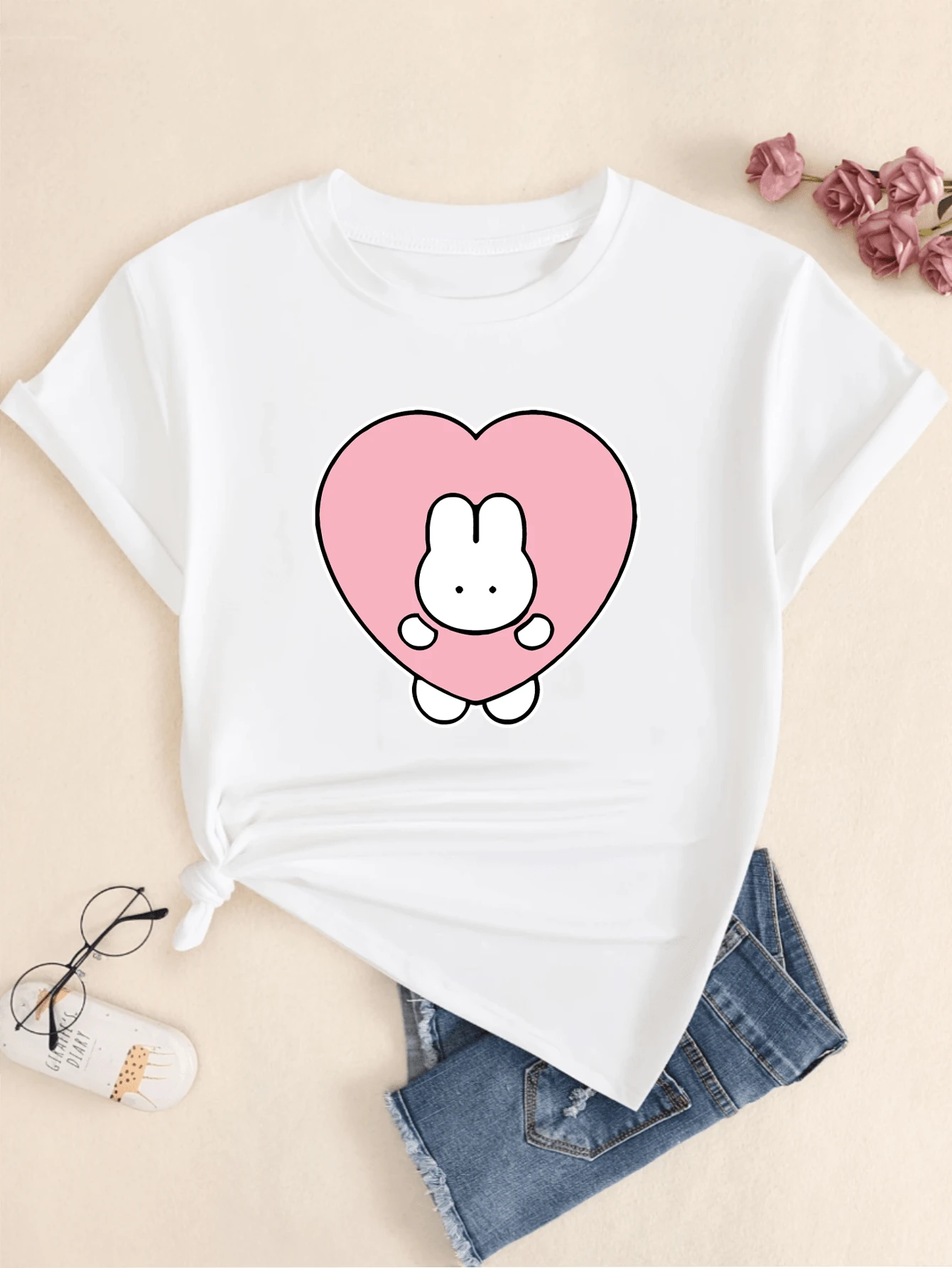 Women's Cute Rabbit T-Shirt Blouse Premium Casual Style - 白色 - 查看 1