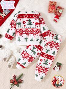 Chatreadl Young Girl 2 Pieces Cute Cartoon Style Full Print Christmas Tree Snowflake Deer Round Neck Children's Warm Two Pieces Set Suitable For Autumn And Winter