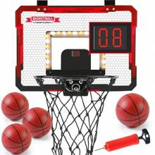 室内篮球架，带 2 个球和电子记分牌的 LED 灯迷你篮球架，室内篮球架，篮球礼物 5 6 7 8 9 10 11 12 岁青少年，万圣节/圣诞节/感恩节礼物 - 紅色 - 查看 2