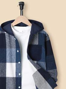 Tween Boy Simple Blue And White Plaid Hoodie Jacket, Autumn