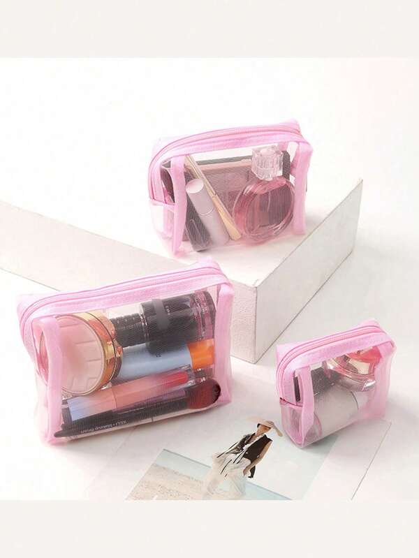 3pcs Set Light Pink Transparent Mesh Makeup Bag, Large Capacity Makeup & Skincare Storage Pouch, Medium Sized Convenient Toiletry Bag, Small Lipstick Organizer Bag, Outdoor Travel Cosmetic Bag Makeup Travel Toiletry Organizer Clear Essentials Gifts Storage Zipper Accessories Nail