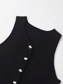 Women's Autumn Solid Color Single-Breasted Sleeveless Knit Tops - Black - View 3