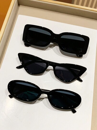 3pcs Vintage Rectangle & Oval Cat-Eye Frames Sunglasses Set, Plastic Fashion Classic For Men & Women, Decoration, Outdoor Travel, Beach, UV Protection