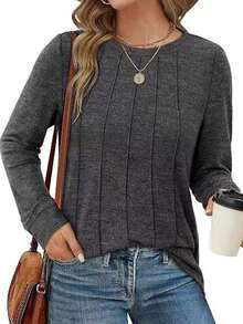 T-shirt ample en tricot unicolore plissé à col ras-du-cou et manches longues, croisée, pour femmes - Gris foncé - Voir 4