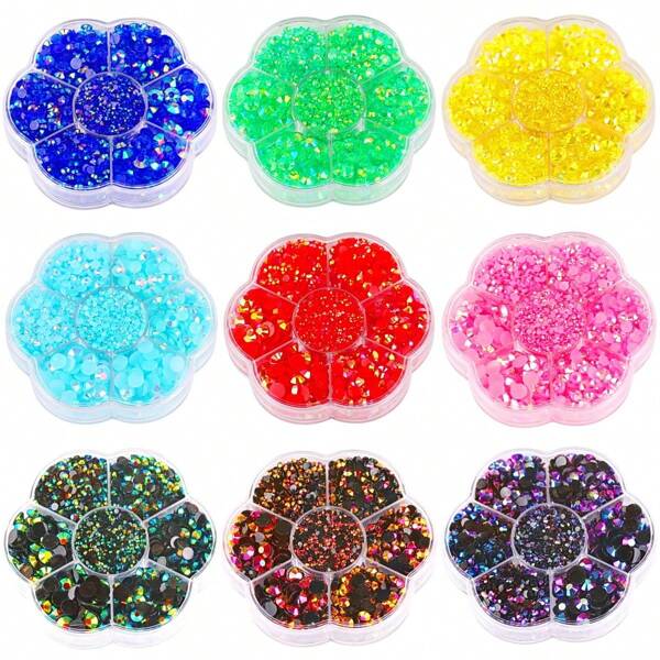 5 000 pièces/Boîte, 2 mm 3 mm 4 mm 5 mm 6 mm, 5 tailles, bonbon à la gelée, perles cristal transparentes AB, forme de fleur emballée dans une boîte, strass à dos plat rond multicolores, cristaux brillants sans HotFix DMC, pierres de verre à motif diamant 3D, accessoires paillettes pour manucure, décalcomanies décoratives pour vêtements, sacs, chaussures, tasses, coques de téléphone, artisanat, garnitures DIY.