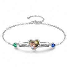 Pulsera de barra con nombre grabado personalizado, con piedra natal, foto personalizada de recuerdo en forma de corazón, regalos para mujeres