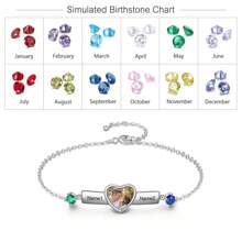 Pulsera de barra con nombre grabado personalizado, con piedra natal, foto personalizada de recuerdo en forma de corazón, regalos para mujeres