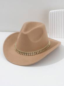 1pc Unisex Solid Color Felt Cowboy Hat, Paired With Gold Raindrop Teardrop Decoration Belt, Low-Key Luxurious British Style Retro Bohemian Punk Hat, Suitable For Parties, Western Themed Events, Gatherings, Engagement Parties, Cosplay, Graduation Ceremonies, Masquerade Balls, Festivals, Weddings, Birthdays, Music Festivals, Coming-Of-Age Ceremonies