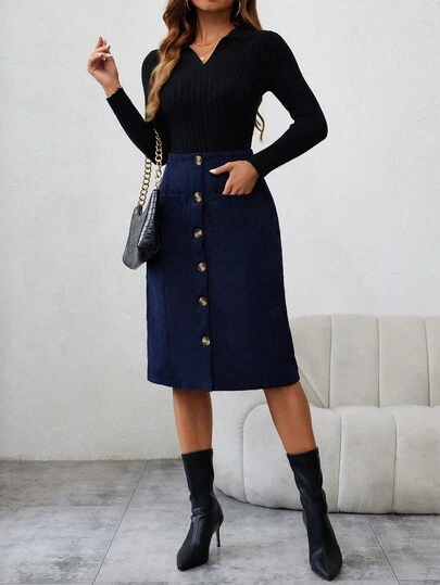 1pc Women High Waist Front Button Corduroy Skirt, Spring/Summer Best Seller